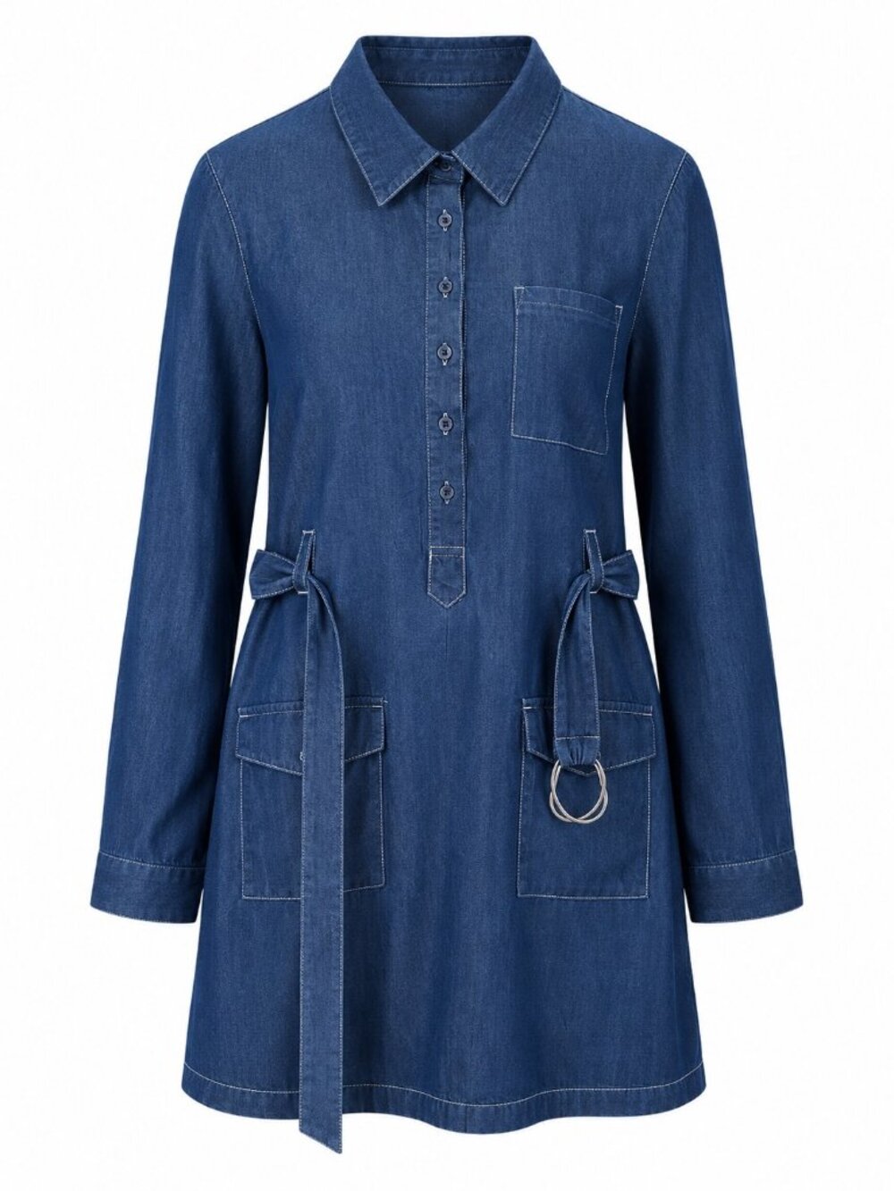 Eighty Eight Premium Womens Long Sleeve Denim Tunic With Belted Waist & Front Po